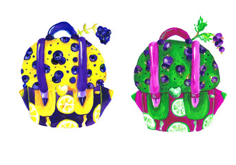 Models of colorful backpacks. Children's drawing