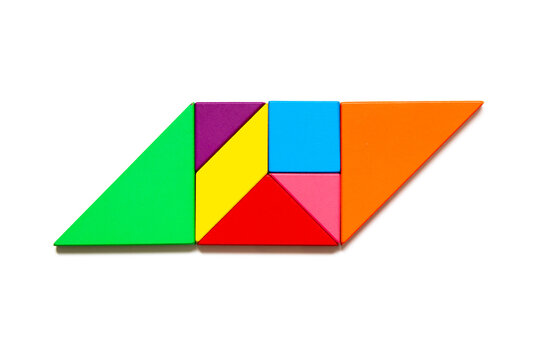 Color tangram puzzle in parallelogram shape on white background