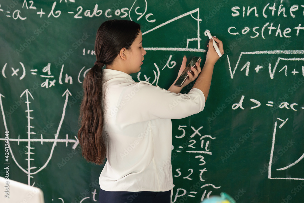 Wall mural student at the desk using phone. girl studies with phone in a school. virtual teaching concept. fema