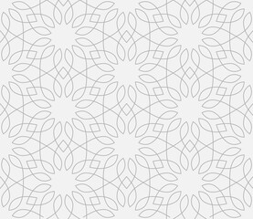 Seamless pattern with thin curl lines and stylized flowers in Arabic style. Monochrome abstract line texture. Decorative vintage lattice on white background. Abstract ornament for fabric, wrapping.