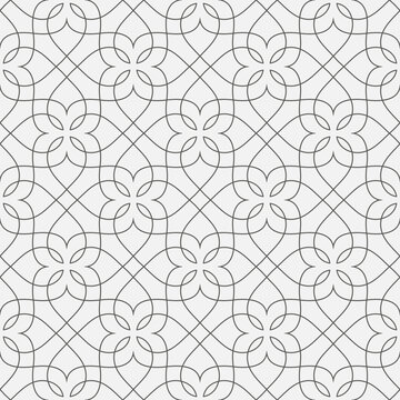 Seamless line pattern with thin curl lines and scrolls. Monochrome abstract floral linear texture. Decorative lattice background in Arabic style. Vector design for  fabric, wrapping in Arabic style.