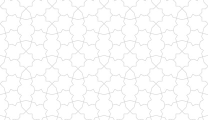 Naklejka premium Seamless pattern with grey zigzag stripes and polygons on white background. Abstract geometric texture. Stylish background in Arabic style. Vector rapport for swatches.
