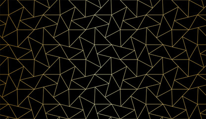 Pattern with thin golden lines and polygons on black background. Stylish abstract geometric diamond texture in light color. Seamless linear pattern for fabric, textile and wrapping.