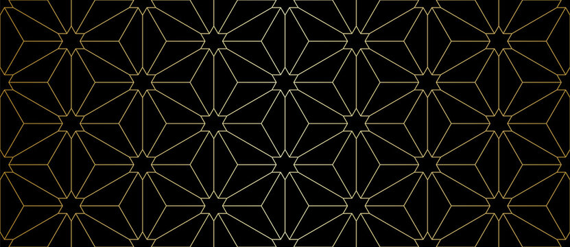 Pattern with golden thin lines and polygons. Stylish abstract geometric diamond texture in light color. Seamless linear pattern for fabric, textile and wrapping. Black swatch for jewelry design.
