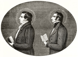 portraits of Joseph and Hyram Smith (Mormonism founder and his brother) displayed in side view holding sacred books. Ancient grey tone etching style art by Mettais, Le Tour du Monde, 1862 - obrazy, fototapety, plakaty