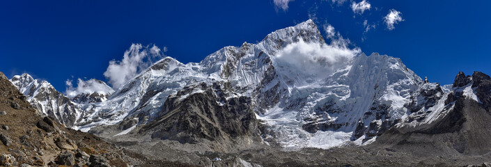 Panorama of Mount Everest and Lhotse, two of the highest mountains in the world, of Himalayas in Nepal