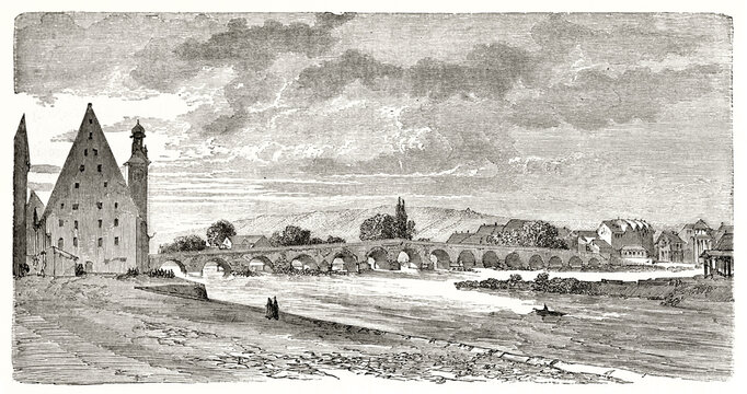 Stone Bridge connecting church shore with the rest of town in Regensburg Germany. Ancient grey tone etching style art by Lancelot, Le Tour du Monde, 1862