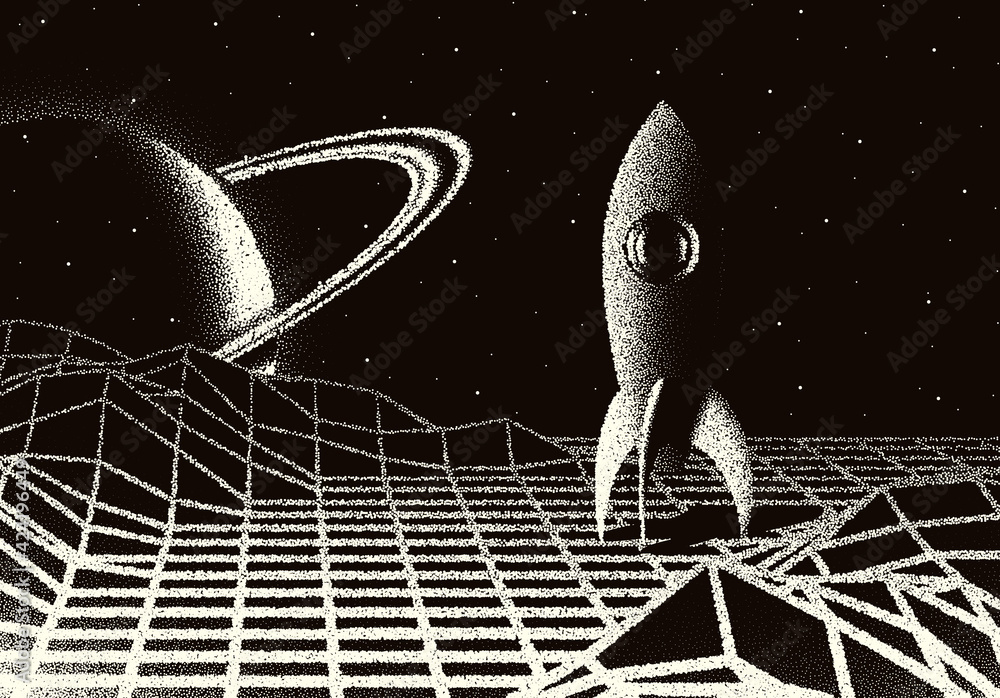 Poster space landscape with scenic view on planet, rocket and stars made with retro styled dotwork