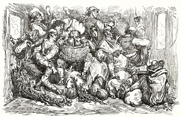 crowded asphyxiating third class wagon in a Spanish train. Ancient grey tone sketch style art by Dore, Le Tour du Monde, 1862
