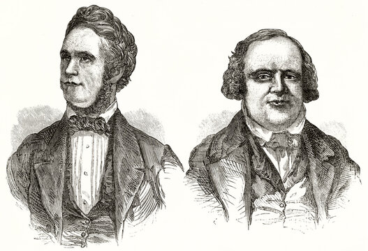 bust portrait of Taylor (1808 - 1887) and W. Richards (1804 - 1854), Mormon leaders. Ancient grey tone etching style art by unknown author, Le Tour du Monde, 1862