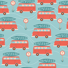Seamless summer pattern with car or bus, surfboard, road sign with bird or seagull and lettering ‘Wave lover’.  Vector illustration for fabric, wrapping paper, wallpaper, textile, background