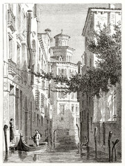 Trevisan Cappello palace, Venice, Italy, and channel with gondola on it flowing among typical edifices. Ancient grey tone etching style art by Girardet, Le Tour du Monde, 1862