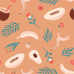 Seamless summer pattern with melon,  fern, banana, coconut cocktail, avocado, plants and flowers.  Vector illustration for fabric, wrapping paper, wallpaper, textile, background