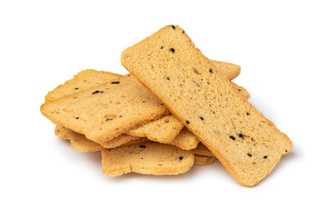  Heap of fresh baked thin melba toast isolated on white background