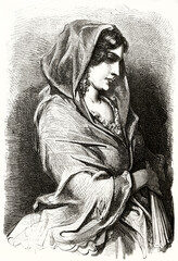 portrait of charming Valencian girl with headscarf looking toward side view, Spain. Ancient grey tone etching style art by Dore, Le Tour du Monde, 1862