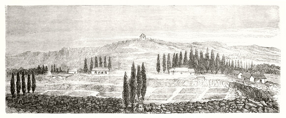 horizontal landscape with low hill, cypress and few houses in Ocongate, Tiabaya and Umaro, Peruvian villages. Ancient grey tone etching style art by Gaiaud, Le Tour du Monde, 1862