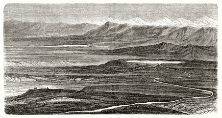 Huge flat landscape crossed by curved river going into round Sisaccocha and Wilcacocha lakes. Mountain far in the distance. Peru. Ancient grey tone etching style art by Riou, Le Tour du Monde, 1862