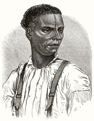 portrait of Yambane man with particular decoration starting from forehead and ending on top of nose, Reunion island. Ancient grey tone etching style art by Riou, Le Tour du Monde, 1862