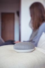 voice controlled smart speaker in a interior. female working in background