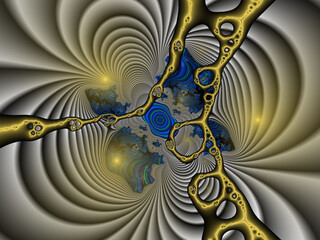 Blue yellow fractal, flowers, leaves, abstract fractal background