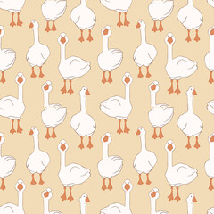 Hand-drawn white geese on a beige background. Cute baby seamless pattern. Perfect for baby textiles, wrapping paper, bed linen or scrapbooking.