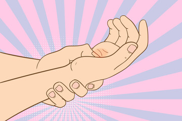 Massage the palm or hurt.pop art style colorful vector illusstration.