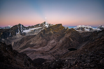 Snow mountains of Himalayas at sunrise time in Nepal