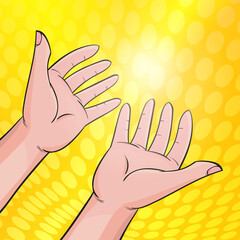 hand reaching to sky, concept of religion.Pop art retro vector illustration vintage kitsch