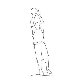 a basketball athlete ready to jumping shoot and make a point the ball - continuous one line drawing