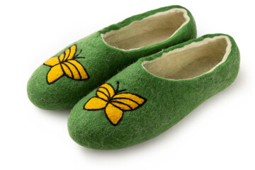 Felt slippers on white background in closeup