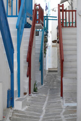 Greece- An empty Narrow Residential Street in Colorful Mykonos