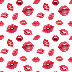 Red lips on white hand drawn watercolor seamless pattern design