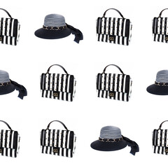 Seamless fashion pattern with striped women’s hat and bag isolated on white background. Female’s black and white elegant cap and handbag with stripes