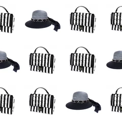 Peel and stick wall murals Glamour style Seamless fashion pattern with striped women’s hat and bag isolated on white background. Female’s black and white elegant cap and handbag with stripes