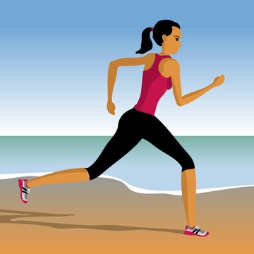 Cartoon sports girl running on the beach. Woman engaged in jogging. Vector illustration.