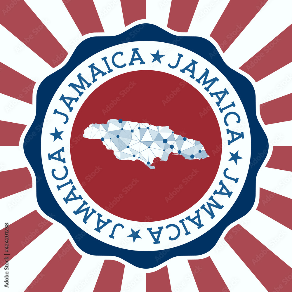 Poster jamaica badge. round logo of the country with a triangular mesh map and radial rays. eps10 vector.