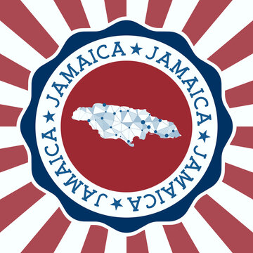 Jamaica Badge. Round logo of country with triangular mesh map and radial rays. EPS10 Vector.