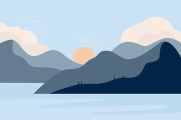Fototapeta na wymiar Landscape in blue tones, sky, mountains, river, sea, trees, style of minimalist , hand drawn, panorama, vector. Use for packaging, wallpaper, design for textiles, postcard, concept, clipart.