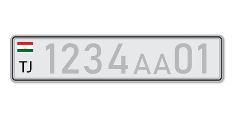 Car number plate. Vehicle registration license of Tajikistan.