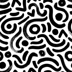 Organic irregular circular lines vector seamless pattern. Hand drawn black and white organic shapes and circles texture. Biological grunge squiggle lines, structure of natural cells. Dry brushstrokes.