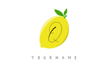 Handwritten Q letter logo design with lemon background.