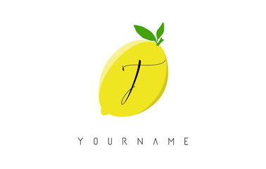Handwritten T letter logo design with lemon background.