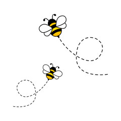 Bees flying on dotted route. Cute bumblebee characters. Vector cartoon illustration isolated on white background