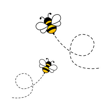 Bees flying on dotted route. Cute bumblebee characters. Vector cartoon illustration isolated on white background