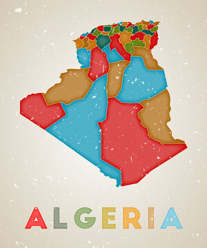 Algeria map. Country poster with colored regions. Old grunge texture. Vector illustration of Algeria with country name.