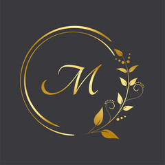 Luxury logo gold with initials letter M and floral frame decorative for branding logo, corporate identity or wedding monogram design.