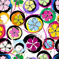 Gardinen seamless circle pattern background, with flowers, lines, paint strokes and splashes © Kirsten Hinte