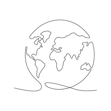 Continuous Earth line drawing symbol. World map one line art. Earth globe hand drawn insignia. Stock vector illustration isolated on white background