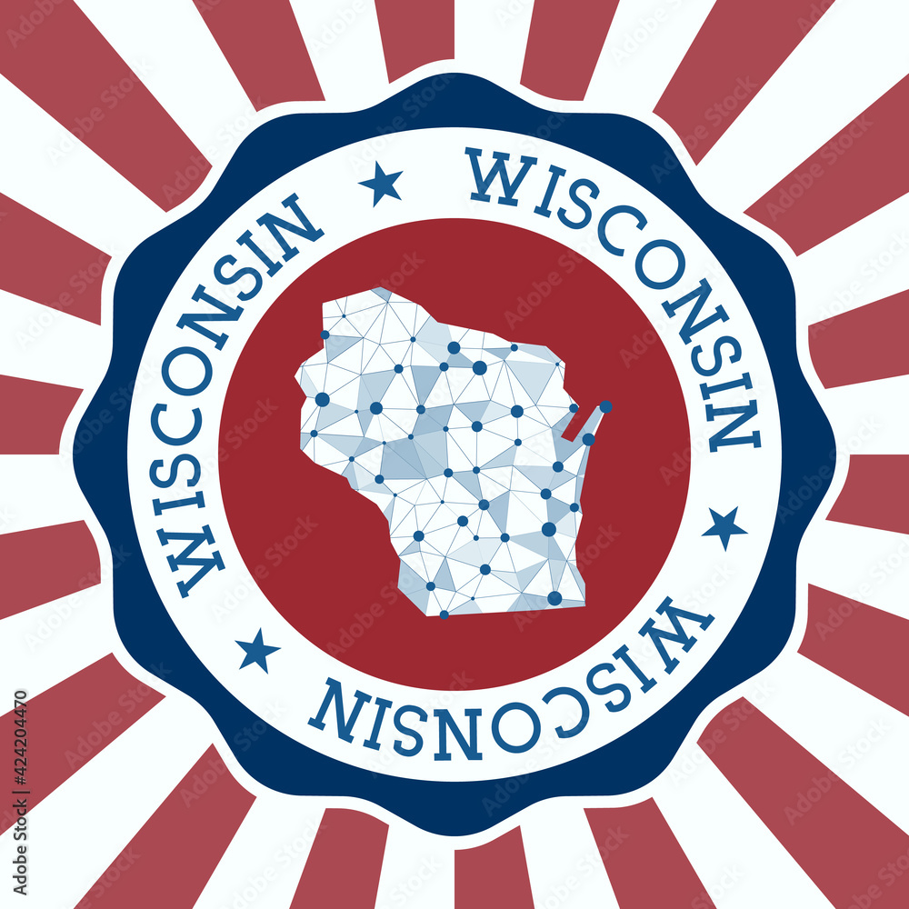 Poster wisconsin badge. round logo of the us state with a triangular mesh map and radial rays. eps10 vector