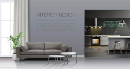 Vector realistic living room interior with big window and sofa, kitchen with kitchen appliances.
